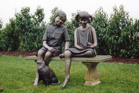Bronze Casting Foundry Bronze Statue Two Children Sitting on a Bench Chatting