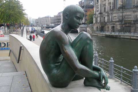 Bronze outdoor Sculpture Quiet Boy Near the River